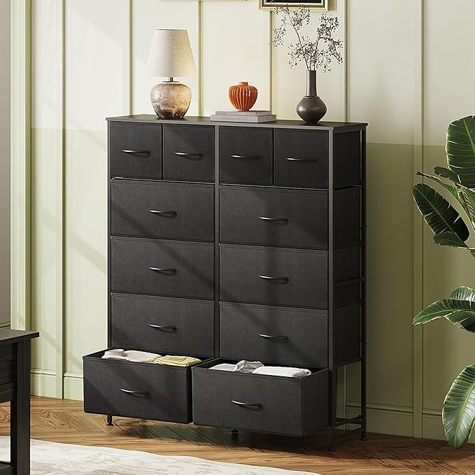 WLIVE Tall Dresser for Bedroom with 12 Drawers, Dressers & Chests of Drawers, Fabric Dresser for Closet, Living Room, Storage Dressers with Storage Drawers, Steel Frame, Wood Top, Charcoal Black