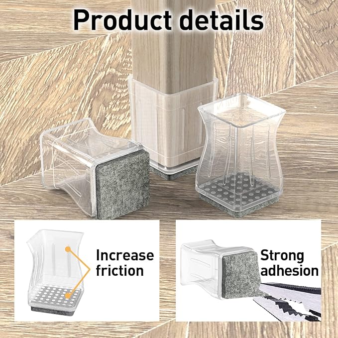 Square Chair Leg Protectors for Hardwood Floors, 16 Pcs Silicone Felt Furniture Leg Cover. 3/4" -7/8", Clear.