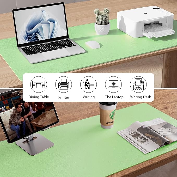 Aothia Leather Desk Pad Protector, Mouse Pad, Office Desk Mat, Non-Slip PU Leather Desk Blotter, Laptop Desk Pad, Waterproof Desk Writing Pad for Office and Home (36" x 17", Foam Green)