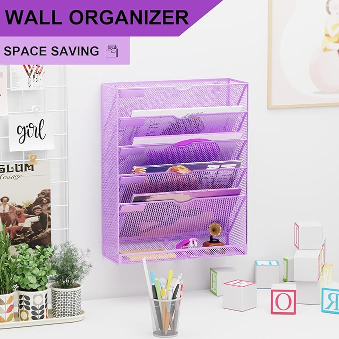 GDINDINFAN Hanging Wall File Organizer 6 Tier Wall Mounted Mail Paper Folder Holder Document Organization Stand, Vertical Desk Magazine Rack for Office Home Cubicle Countertop, Light Purple