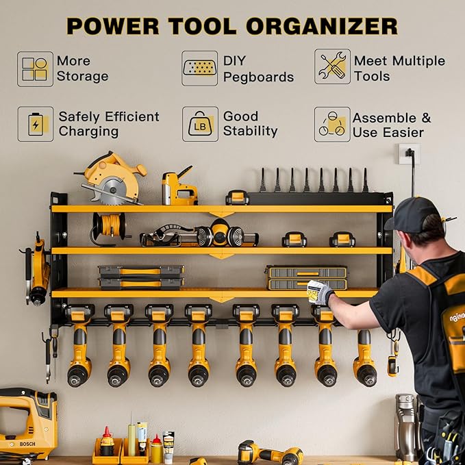 NattyDot Power Tool Organizer Wall Mount with Charging Station, 8 Drill Holder, 4 Layer Storage Rack for Garage Organization, Tool Holder with 8 Outlet Power Strip (Yellow)