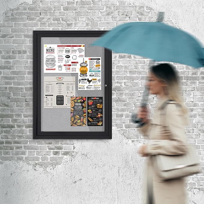 S SWANCROWN Outdoor Bulletin Board Weatherproof 36x24in, Enclosed Bulletin Board Wall Display Case Grey Felt Board for Office School Commerce,Black Aluminum Frame