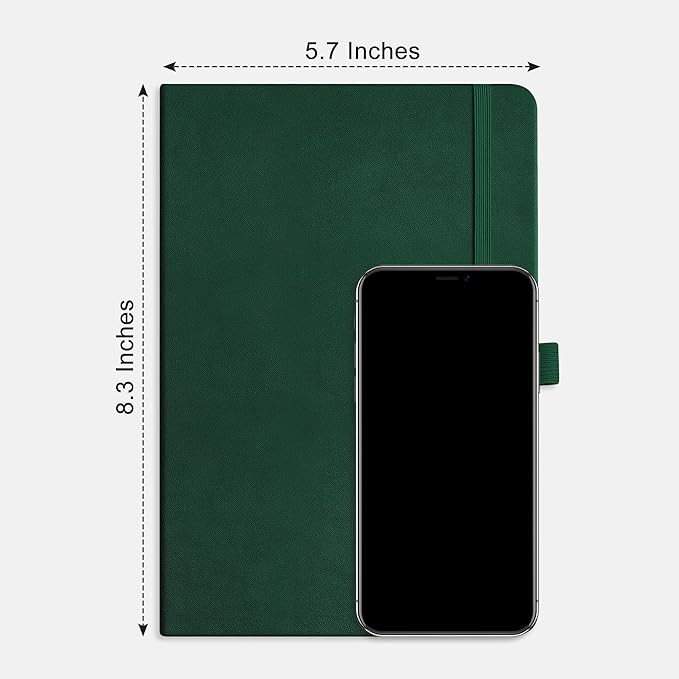 RETTACY Bullet Dotted Journal Notebook, 320 Numbered Pages, A5 Medium Size (5.7'' × 8.3''), Leather Hardcover, 100 GSM Thick Paper, for Bullet Journaling, Planning, Tracking (Dark Green)