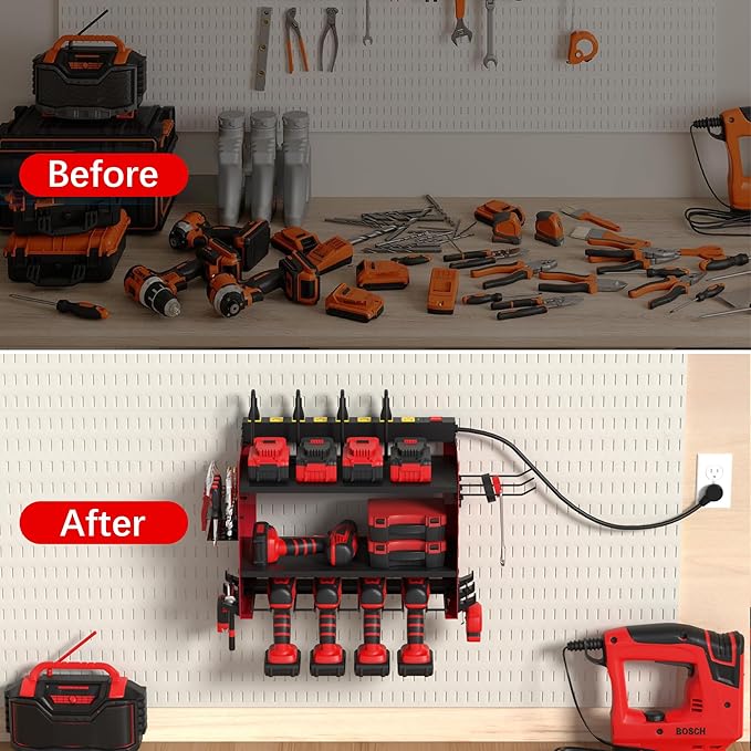 CFMASTER Power Tool Organizer Wall Mount wtih Charging Station,4 Drill Holder Wall Mount with 8 Outlet Power Strip,3 Layers Heavy Duty Tool Rack with Hooks,Screwdriver Organizer in Workbench,Garage