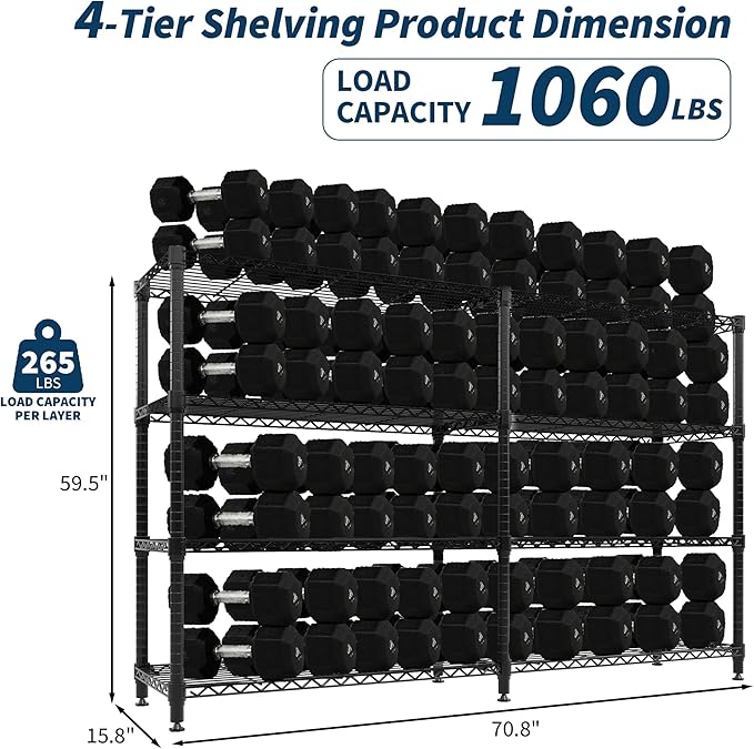 MilleLoom Metal Storage Shelves 4-Tiers, 60" H Wire Shelving Units Heavy Duty 265LBS Loads per Shelf, Adjustable Standing Wire Rack Shelf, for Home Office Pantry Room Basement,71" W x 15.7" D