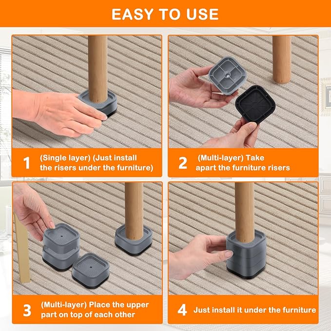 shouwuhho 18 Pack Furniture Risers Adjustable Bed Risers Heavy Duty Lifts Height 1", Square Stackable Bed Risers 1, 2 or 3 Inch for Desk Leg Table Couch Sofa Chair Bed Frame Legs Dorm, Gray