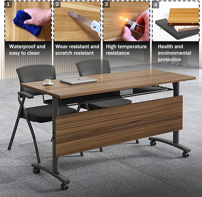 Folding Conference Table,Foldable Office Conference Room Tables,Rolling Meeting Seminar Tables with Casters,Flip Top Mobile Training Tables,Business Training Seminar Table for Office Meeting (62.9in)