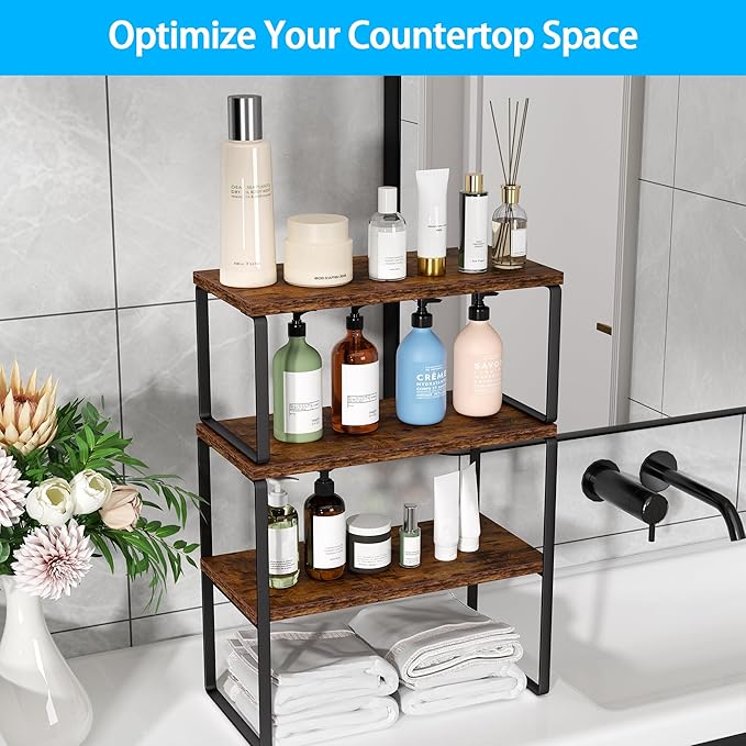 Golener Countertop Organizer Corner Shelf, 2-Tier Adjustable Stackable Corner Shelves for Kitchen, Spice Rack, Coffee Area, Over Sink, Bathroom, Dresser Table, Corner Counter Shelf Stand, Rustic Brown