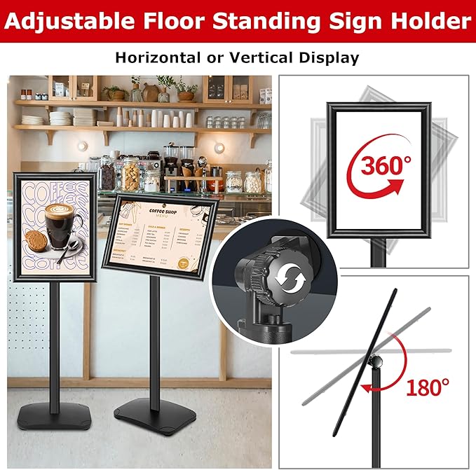 VAIIGO Heavy Duty Sign Holder Stand 11x17 Inch - Pedestal Floor Standing Sign Holder with Weighted Base - Vertical & Horizontal Poster/Menu Stand for Indoor/Outdoor Business Store Advertising, Black