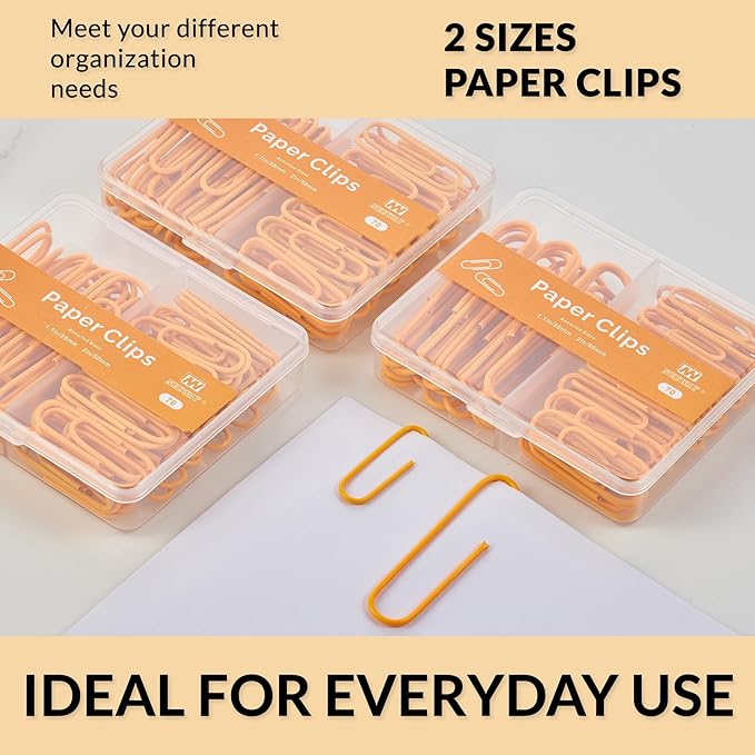 NEEWAY Colorful Paper Clips Assorted Sizes, Small and Large Paper Clips, 210 Count, 3 Pack of 70 (Orange)
