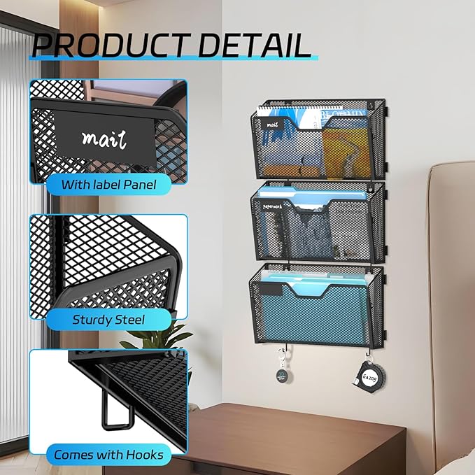SUPEASY 6 Single Mail Organizer Wall Mounted, Wall File Organizer, Hanging File Organizer with Hooks, Mail Oganizer Binder Holder for Home Office (with 14 Adhesive Hooks)