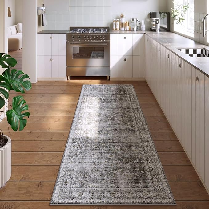 Rugcomf 2x5 Rug Runner -Vintage Machine Washable Kitchen Rug, Non-Slip Low Pile Boho Carpet for Hallways, Laundry, Entryway, Bedroom, Bathroom - Grey