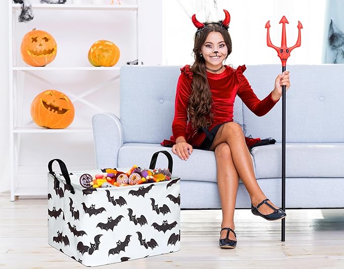 FUULOXE Halloween Bat Storage Basket with Handles Open Gifts&Candy Spooky Basket stuffers for Kids Baby Collapsible Women Organizer Bins Toys Boxes for Shelves Home Office