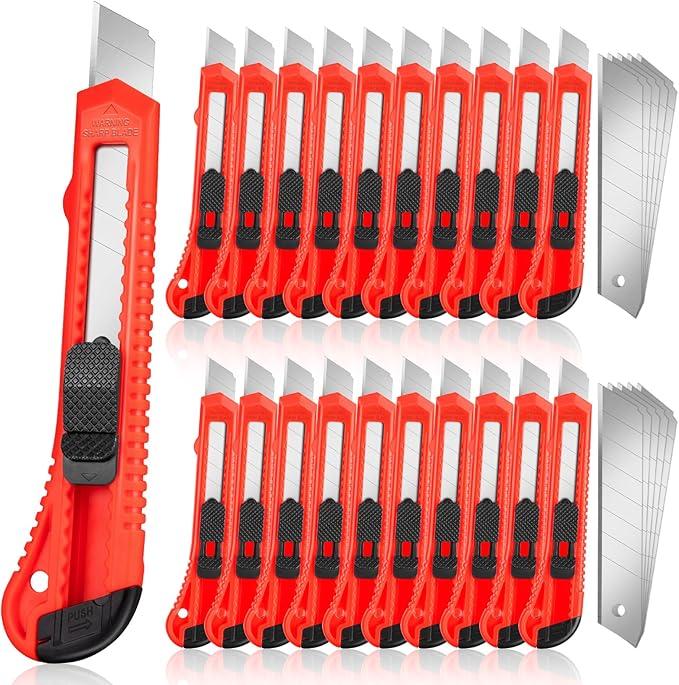 JOYUMY 20 Pack Utility Knife, Box Cutter Retractable, Box Knife for Cartons, Cardboard, and Boxes, Box Opener with 10 Pieces 18mm Snap-off Blade, Razor Knife for Office and Home Use, Box Cutters, Red
