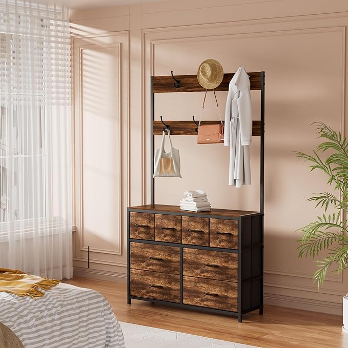 YKVIQBY 8 Drawer Dresser with 6 Double Hooks, 68.9" Tall Closet Organizer and Storage, Fabric Dresser for Bedroom, Nursery, Closet, Space-Saving Freestanding Storage Cabinet (Rustic Brown)