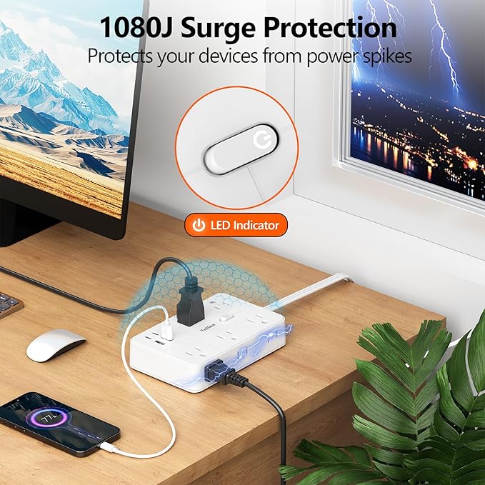 Surge Protector Power Strip 5 FT Flat Extension Cord ，10 AC Outlets & 4 USB Ports(5V/3.4A 17W), 1080J ，Wall Mountable Desktop Charging Station with Flat Plug for Office Supplies and Home, White