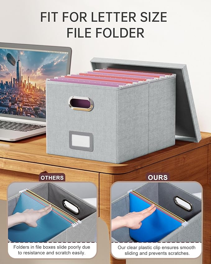 2 Pack File Storage Organizer, Filing Box, Portable File Box with Lid, Fit for Letter/Legal File Folder Storage, Document Organizer, Gray-White