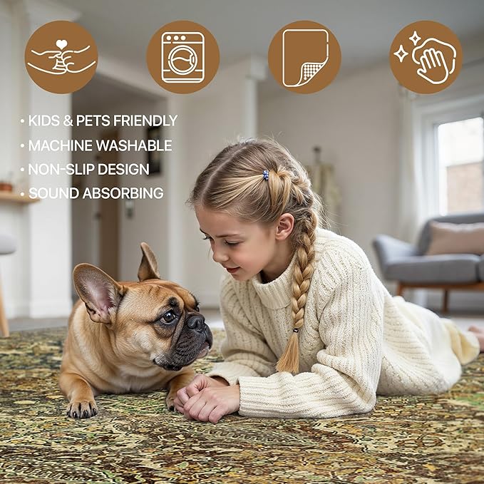 GENIMO Runner Rug 2x7 Machine Washable Non Slip Vintage Hallway Runner Rug, Low Pile Lightweight Rugs for Entryway, Hallway, Kitchen and Corridor, Bronze Olive