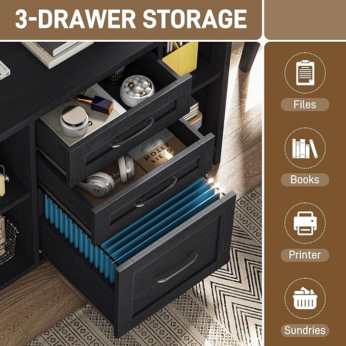 Vabches File Cabinet with 3 Drawers, Farmhouse Lateral File Cabinet Fits Files Letter/A4 Size, Wooden Filing Cabinet with Adjustable Shelves Printer Stand for Home Office, Black