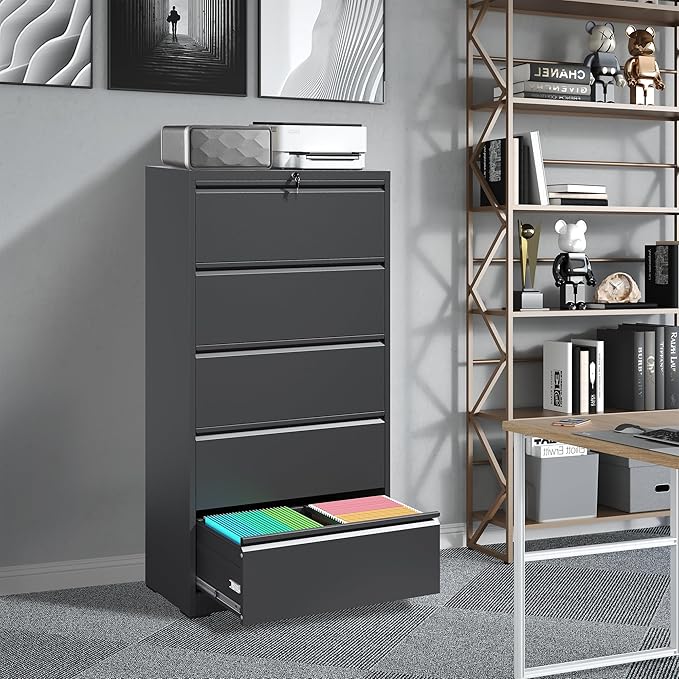 FLIXELIO 5 Drawer File Cabinets,Metal Office Storage Filing Cabinet with Lock, Lateral Filing Cabinet for Home Office, Horizontal Locking File Cabinet for Legal/Letter/A4, Assembly Required, Black