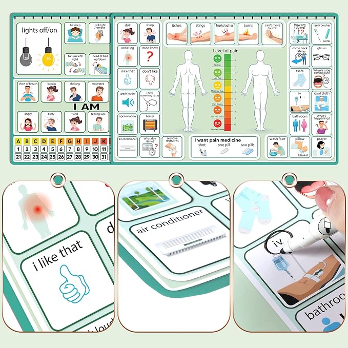 6 Pcs Communication Board for Nonverbal Adults Aphasia Colorful Picture Symbol Communication Cards for Patients Children(Green)