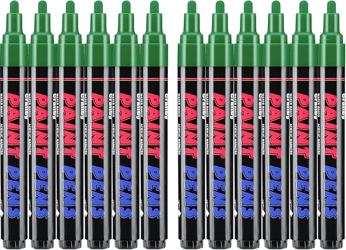Craiiby Green Paint Pens Paint Markers - 12 Pack Permanent Quick Dry Waterproof Marker Pens for Rocks Wood Fabric Plastic Canvas Glass Mugs Metal Tire Stone