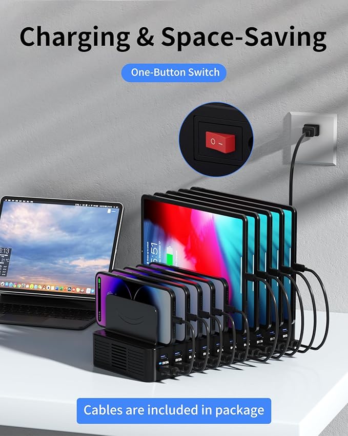 270W Charging Station for Multiple Devices, 20-Port USB Fast Charging Station with Adjustable Dividers & 10 Cables, Multi Device Organizer Charging Dock for iPhone, iPad, Tablets & More