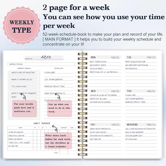 Undated Weekly Planner- Weekly Goals Notebook, A5 To Do List Planner, Habit Tracker Journal with Spiral Binding（Flower-1）