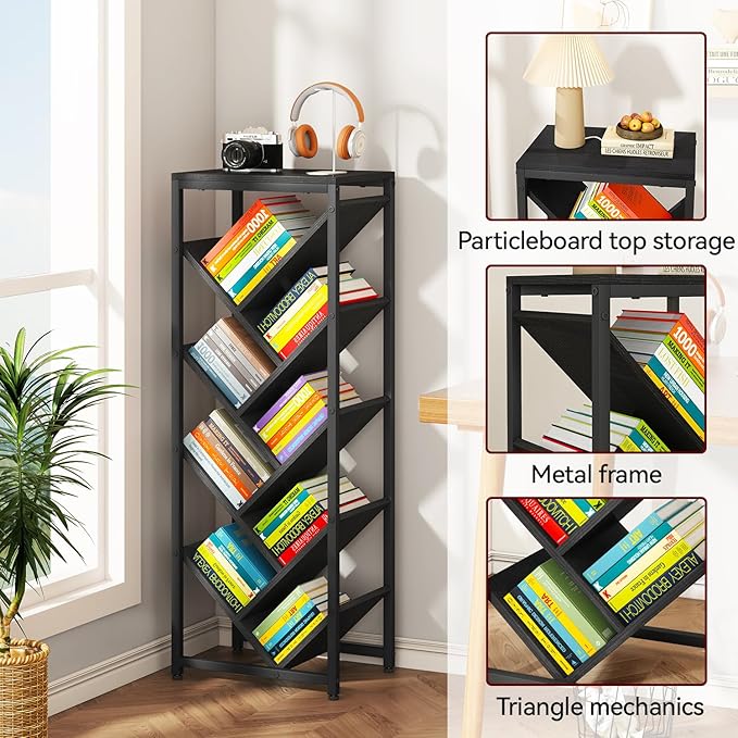 IBUYKE 9 Tier Tree Bookshelf, Floor Standing Wood Bookshelf for Narrow Space, Storage Organizer Bookcase for Books/CDs/Movies, Small Corner Bookcase for Bedroom Living Room,Black,TBC002B