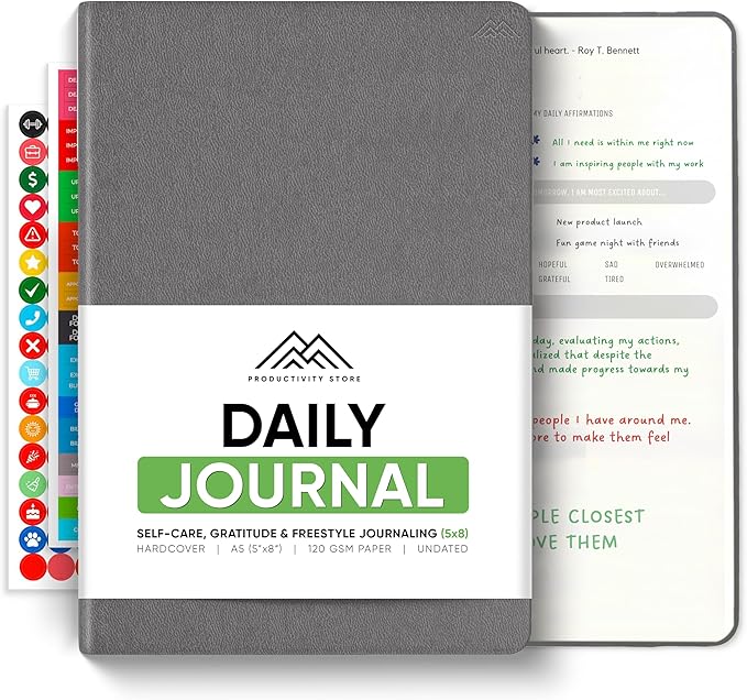 Journal For Men & Women - Gratitude Journal & Self Care Journal With Prompts - A5 Journaling Notebook - Grey - Productivity Store