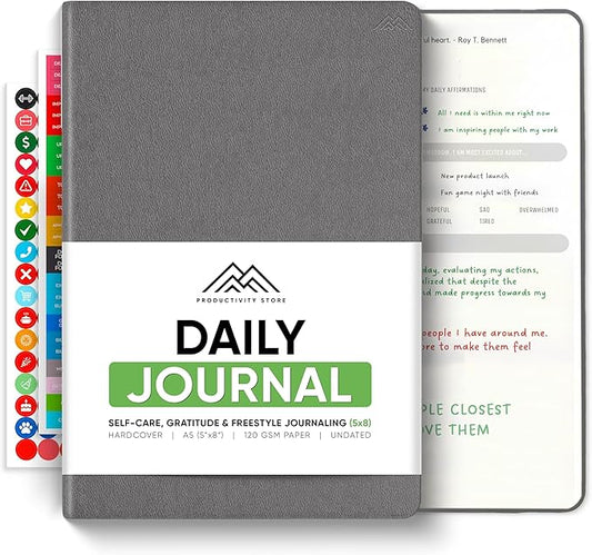 Journal For Men & Women - Gratitude Journal & Self Care Journal With Prompts - A5 Journaling Notebook - Grey - Productivity Store