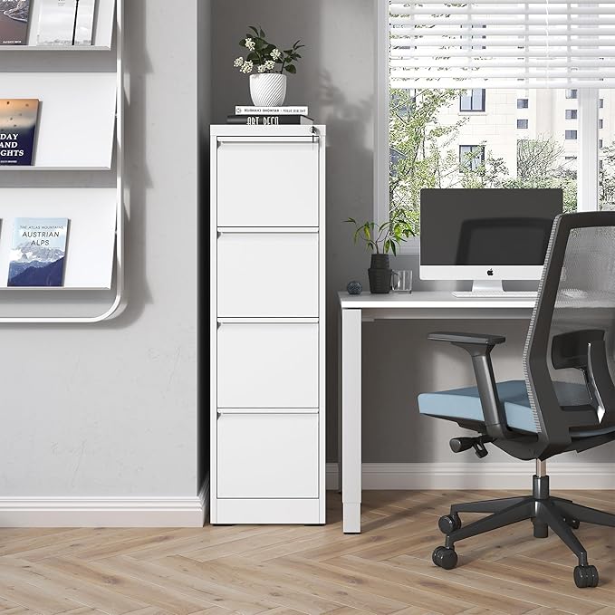 FLIXELIO 4 Drawer File Cabinet with Lock,Metal Vertical Filing Cabinets for Home Office,Heavy Duty File Storage Cabinet for Letter/Legal/A4/F4 Size File,Assembly Require (White, Vertical 4 Drawer)