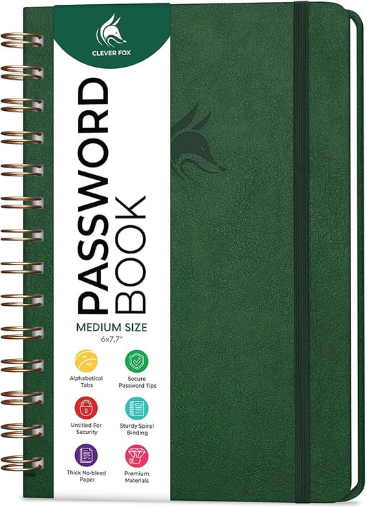 Clever Fox Password Book Spiral – Internet Address & Password Organizer with Laminated Alphabetical Tabs – Password Keeper Journal – Hardcover, Medium Size, 6.1x7.7” (Dark Green)