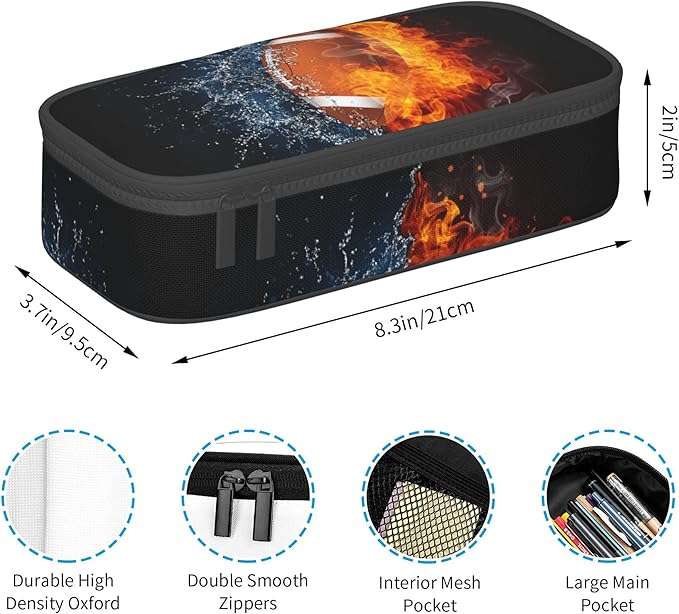 Kids Pencil Pouch for Boys, Football Pencil Case with Fire Water Pattern Print, Big Capacity Black Pencil Box Stationery Bag with Zipper Portable Travel Storage Box Desk Pen Bag for Teens Adults