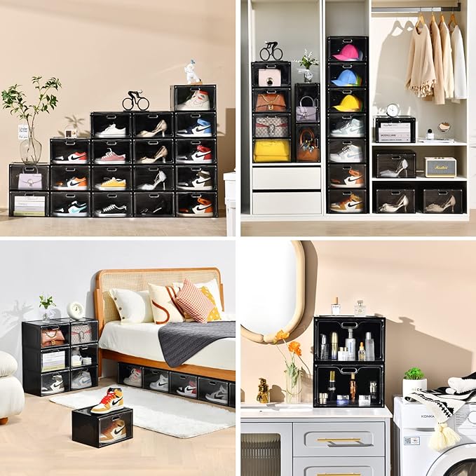 Amllas 8 Pack Shoe Boxes Black Plastic Stackable, Large Shoe Storage Organizer,Drop Side Front Shoe Containers for Entryway,Sneaker Storage Fit up to US Size 13 for Men/Women(13’’x 10.6”x 8.3”)