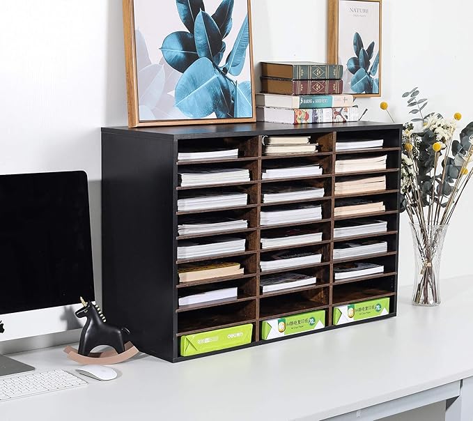 TQVAI Wood Literature Organizer, 27 Slots Hold 13500 Sheets A4 Papers, Wooden Desk File Paper Storage Organizer with Adjustable Shelves, Mailbox Cubbies for Office Home Classroom, Black/Archaize