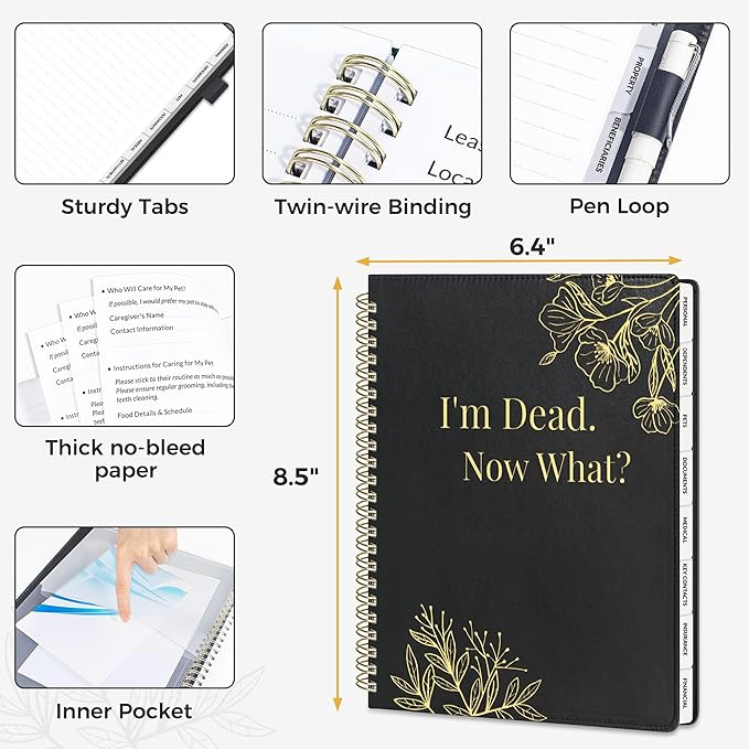 SUNEE End of Life Planner - I‘m Dead Now What Planner, Large Print Spiral-Bound Estate Organizer with Tabs for Seniors & Family. Covers Final Wishes, Passwords & Funeral Planning.A5 (6.4”x8.5“),Black