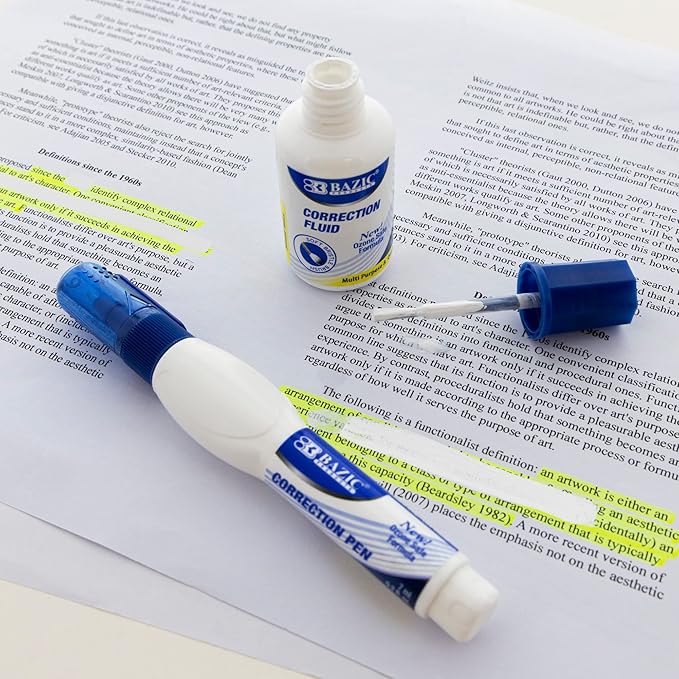 BAZIC Products Correction Fluid, Soft Bristle Brush & Precise Metal Tip Applicator, Fine Point Corrections Pen White Out Wipe Out Liquid (2/Pack), 24-Packs