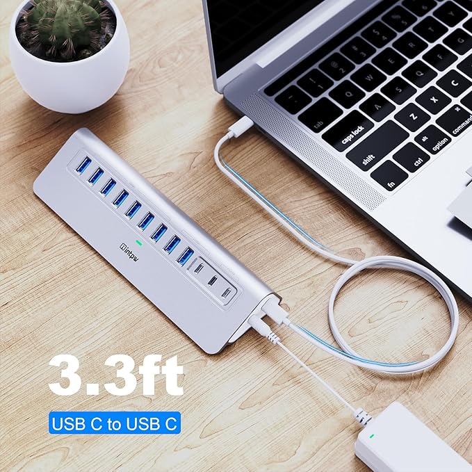 YH9AC Powered USB Hub 10Gbps, intpw 12 Port USB C Hub with 10Gbps USB C 3.2+2 USB A 3.2, 7 USB 3.0, 2 PD 45W Charging Port, 65W Power Adapter + 3.3FT Cable, Aluminum USB Hub for Laptop/iPhone 17/16/PC
