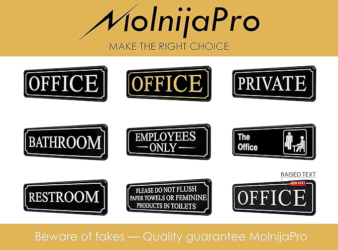The Office sign for door or wall — Main office signs — quick easy installation — self adhesive for doors or walls — 9 X 3 in office signage for home and Business sign — White Big letters on black plate (Raised/ Black White)
