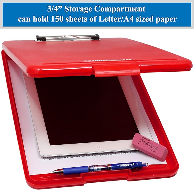 Think2Master [3 Pack] Red Plastic Storage Clipboard. | 25% Heavier & Sturdier| Heavy Duty and Won’t Flex Like Other Brands (Compare The Weight). Storage Compartment Holds 150 Letter Sized Paper.
