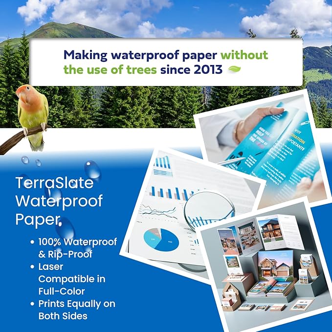 TerraSlate Waterproof Paper - Hydronote 54lb Multipurpose Copy Paper 8.5” x 11”, 100 Sheets, Inkjet Printer and Laser Printer Paper Compatible - Weather/Rain Proof, Durable, White Paper