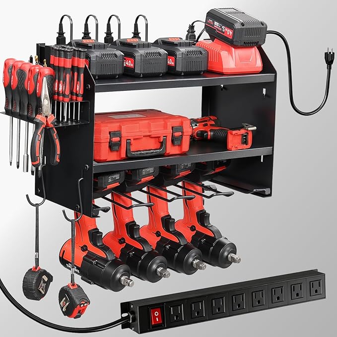 Power Tool Organizer Wall Mount with Charging Station, Heavy Duty 3 Layer Garage Tool Storage with 4 Cordless Drill Holder 8 Outlet Power Strip, Gift for Men Husband Dad Birthday Anniversary black