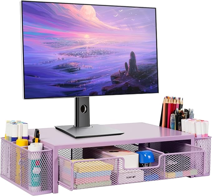 Qupui Computer Monitor Stand Riser with Drawer and Pen Holders, Desk Organizer Shelf and Accessories, Office Desk Accessories, Office Organization, Purple