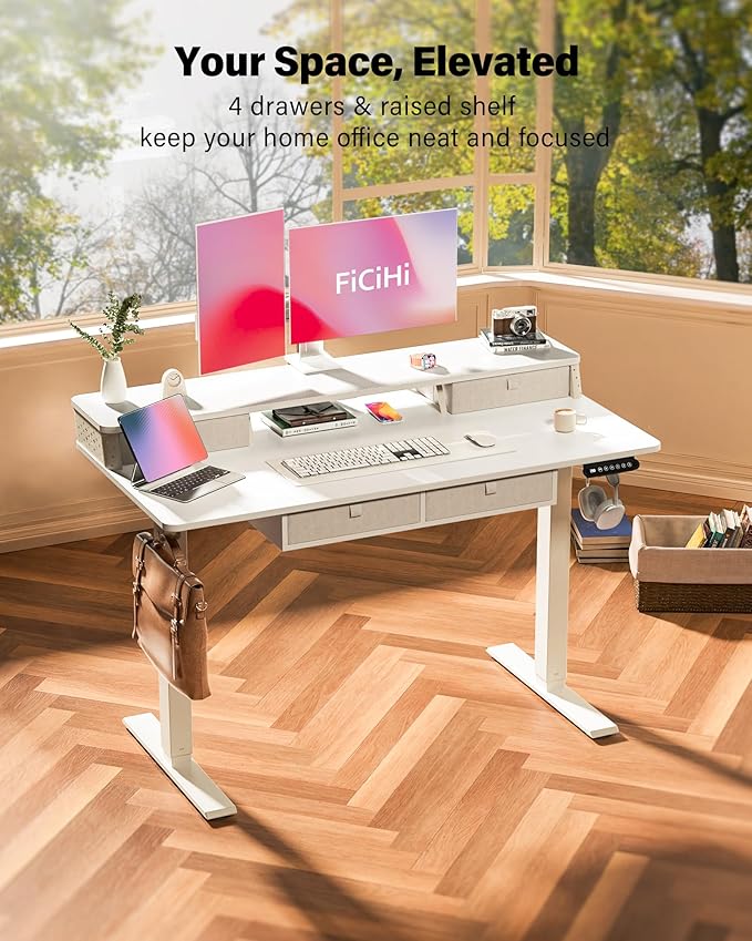 FiCiHi Electric Standing Desk with Four Drawers, Adjustable Height Sit Stand Desk, C-Clamp Compatible Home Office Desk with Storage Shelf & Monitor Stand Riser, 48 x 24 Inch, White