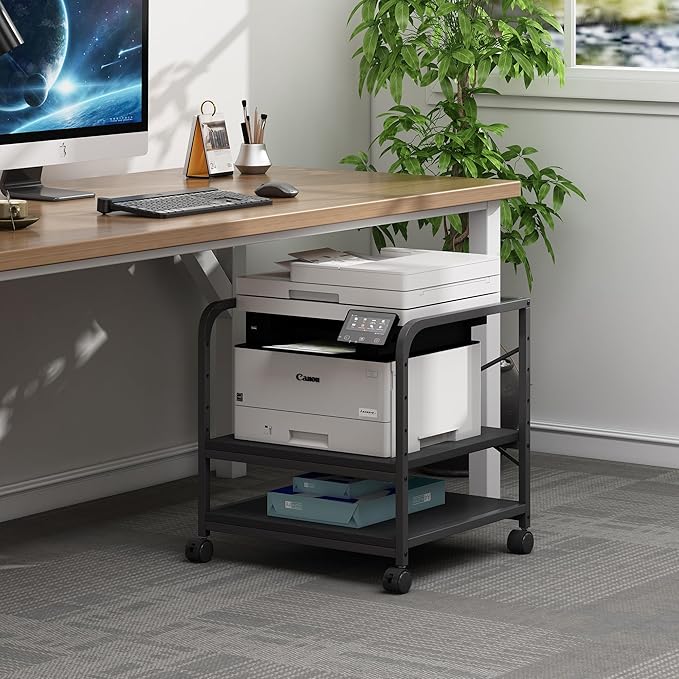 Fannova 2 Tier Under Desk Printer Stand with Storage, 20 Inches Deep Large Printer Table with Height Adjustable Shelf, Rolling Printer Cart with Wheels for Home Office - Black