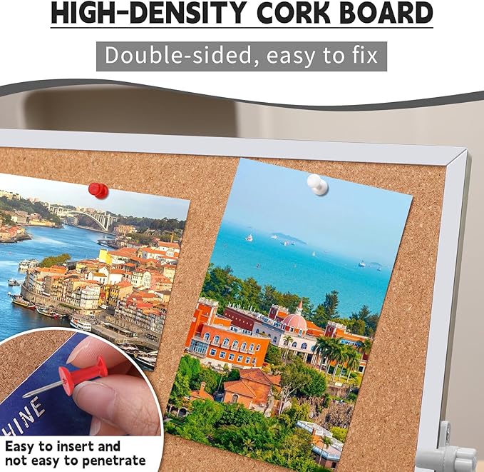 kdafio 11.81"×15.74" Cork Board Bulletin Board, Double Sided Pin Board with Silver Aluminum Border, Desktop Small Cork Board with Stand Suitable for Home, Office, Desk Message Board or Picture Board