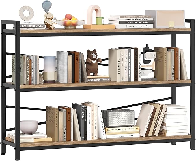 3 Tier Bookcase 47.24" Width, Long Industrial Book Shelf, Vintage Wooden Large Book Shelf for Home Living Room Bedroom Office Storage(Light Coffee)