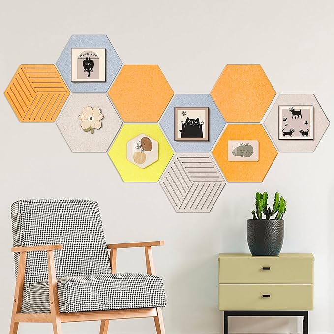 12'' Medium Hexagon Cork-Bulletin Board Tiles Frameless 10 Pack Adhesive Removable Felt Corkboard Decorative Prayer-Vision Board for Home-Office Wall Decor, Hex Tack Pinboard with 30 Pushpins