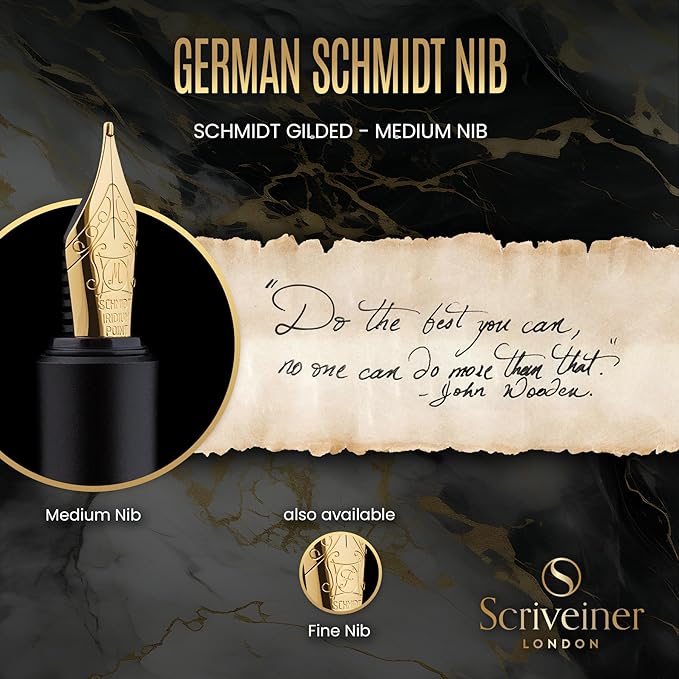Scriveiner Luxury EDC Fountain Pen (Medium), Stunning Luxury Black Pocket Pen, Real Gold Plating, Schmidt Gilded Nib, Converter, Best Writing Gift Set for Men & Women, Nice Fancy Office Designer Pen